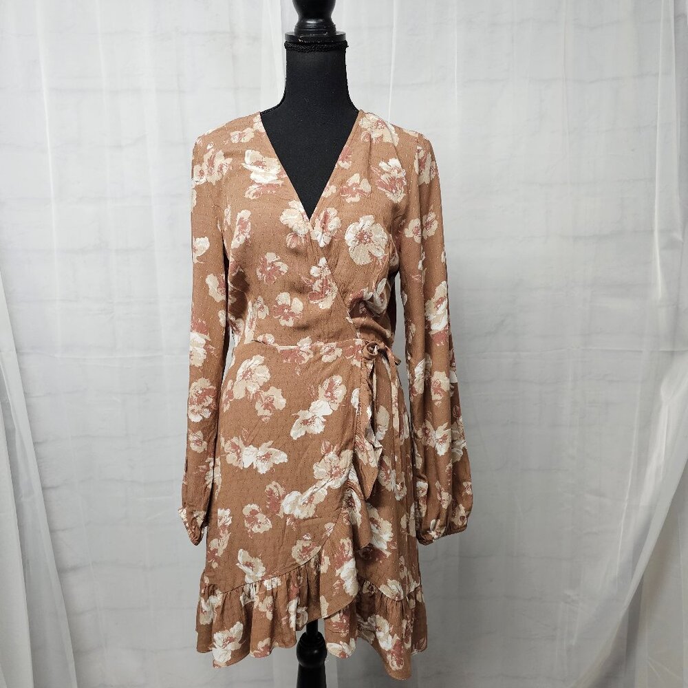 Altar'd State Nutmeg Floral Ruffle Boho Faux Wrap Romantic Peasant Dress M